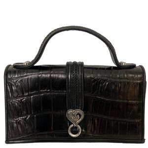 Brighton Bag 90s Vtg Blk Croc Leather Top Handle Metal Hardware; Many Card Slots